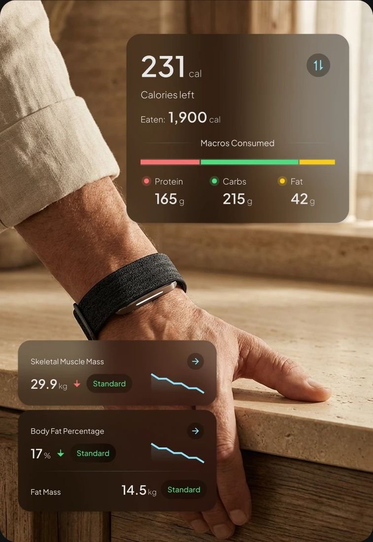 Hume Band 2.0 on the wrist with the companion app open, showing nutrition data